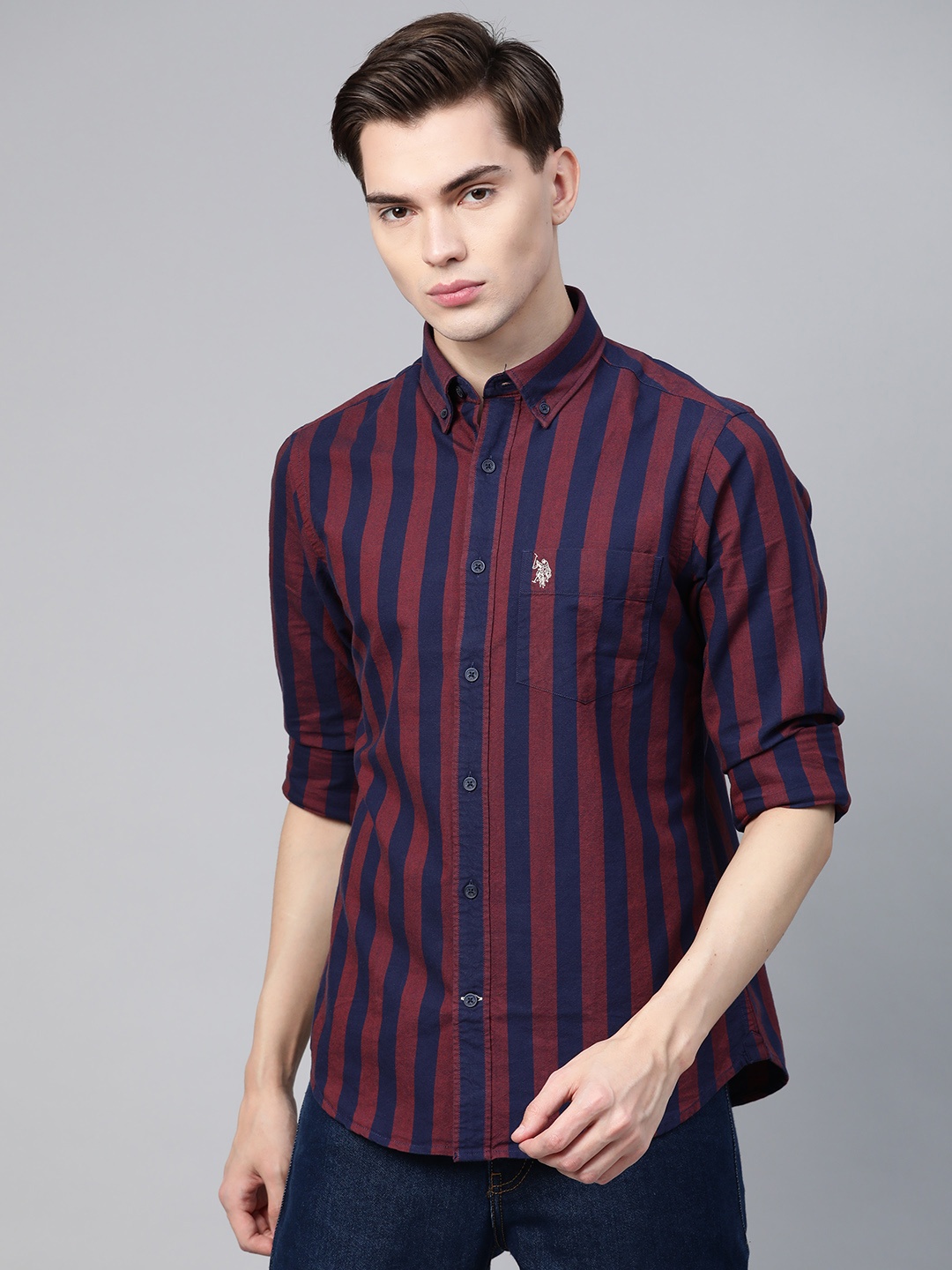 

U S Polo Assn Men Navy Blue & Maroon Tailored Fit Striped Pure Cotton Casual Shirt