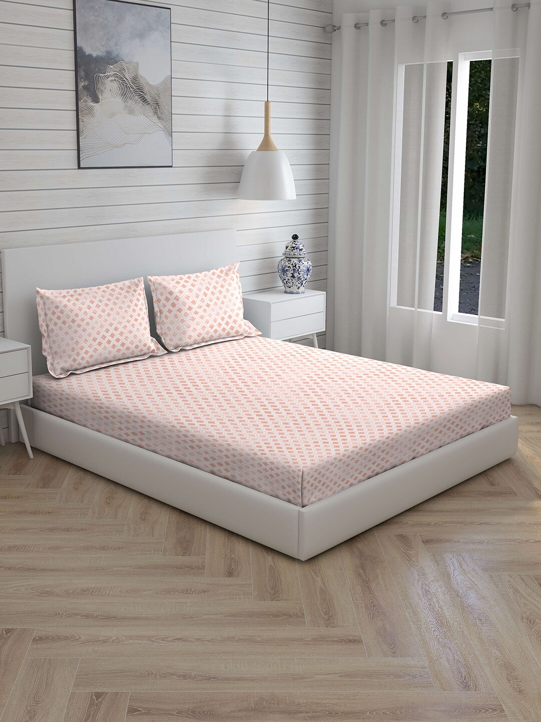 

Boutique Living India Pink & White Geometric 300 TC Cotton 1 King Bedsheet with 2 Pillow Covers