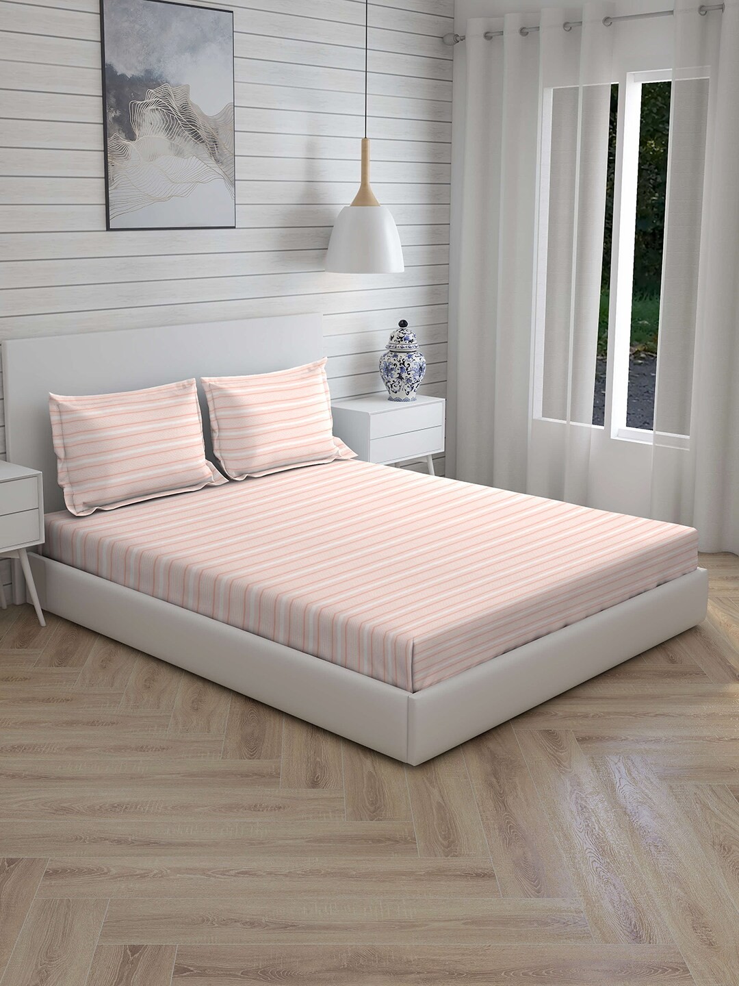 

Boutique Living India Peach & White Striped 300 TC Cotton King Bedsheet 2 Pillow Covers