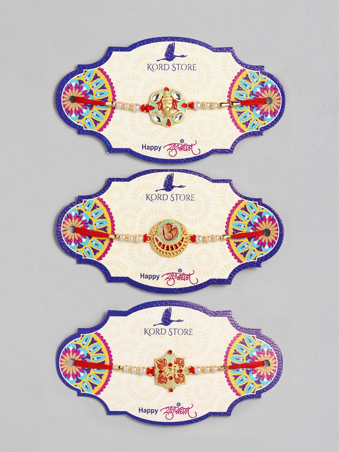 

Kord Store Boys Set of 3 Multi-Stone Studded Rakhi, Gold