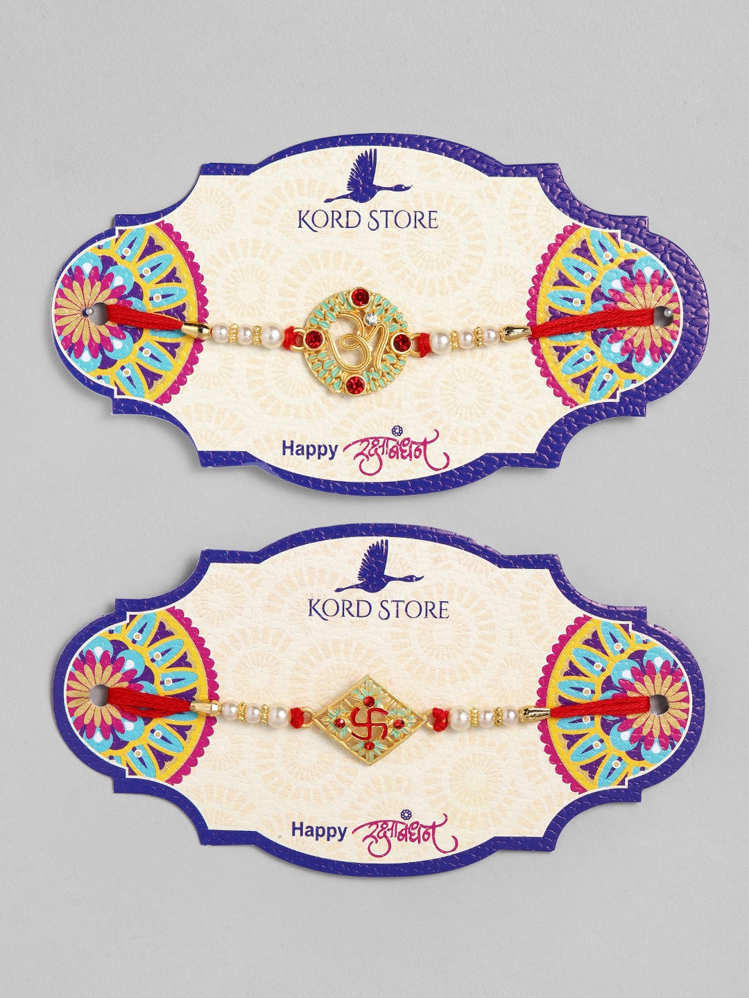 

Kord Store Set of 2 Red & Green Enamelled Om & Swastik Minakari Thread Rakhi