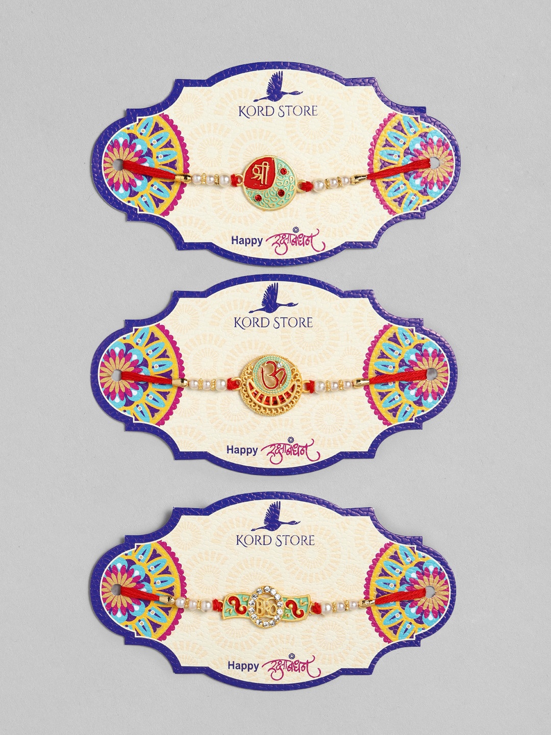 

Kord Store Set of 3 Stone Studded Rakhis, Gold