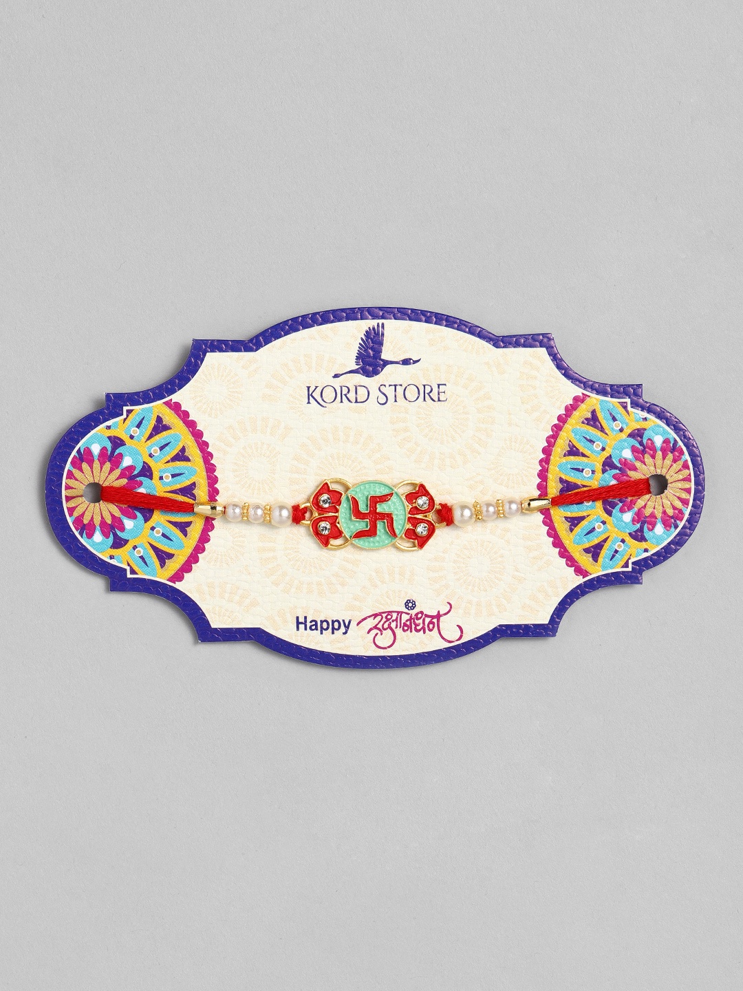 

Kord Store Red & Green Gold-Plated Swastik Mark Meenkari Moti Rakhi