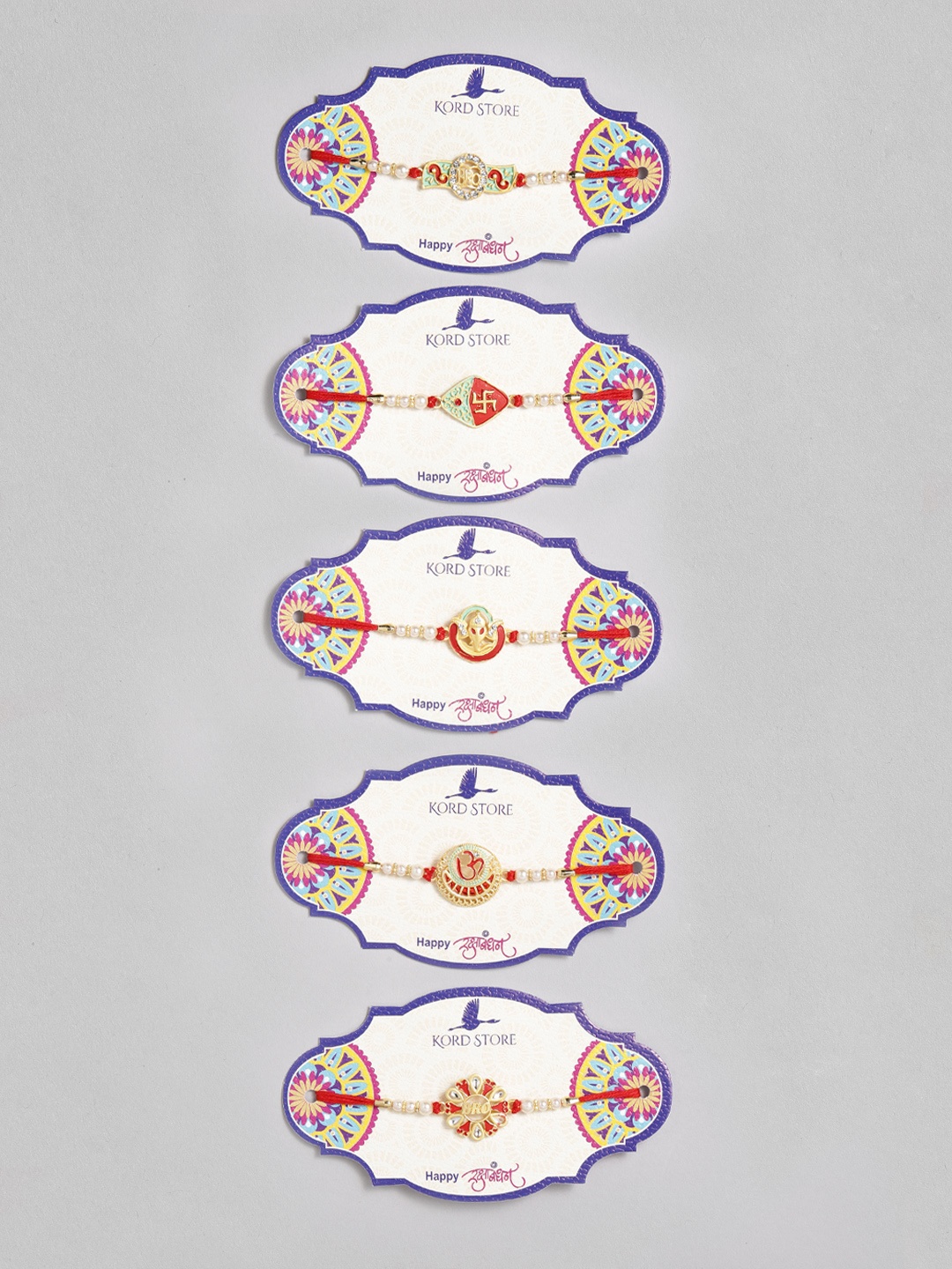 

Kord Store Set of 5 Red & Green Multi-Stone Studded Beaded Thread Rakhi, Gold
