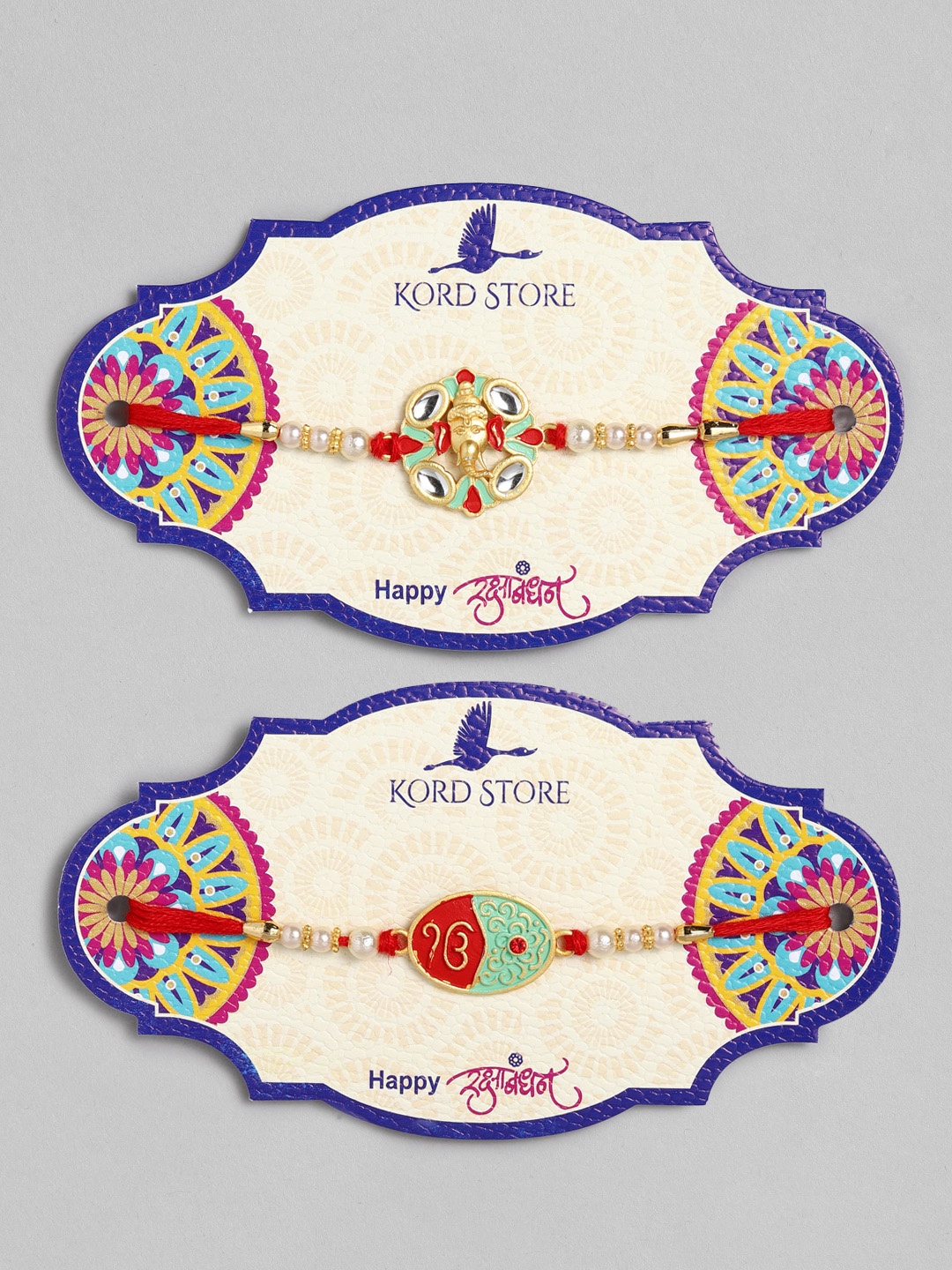 

Kord Store Set of 2 Red & Green Gold-Plated Ganeshji and Sikh Holy Mark Meenakari Rakhi