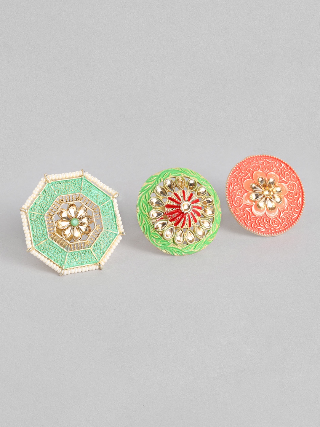 Kord Store Set of 3 Meenakari Adjustable Finger Rings, Sea green