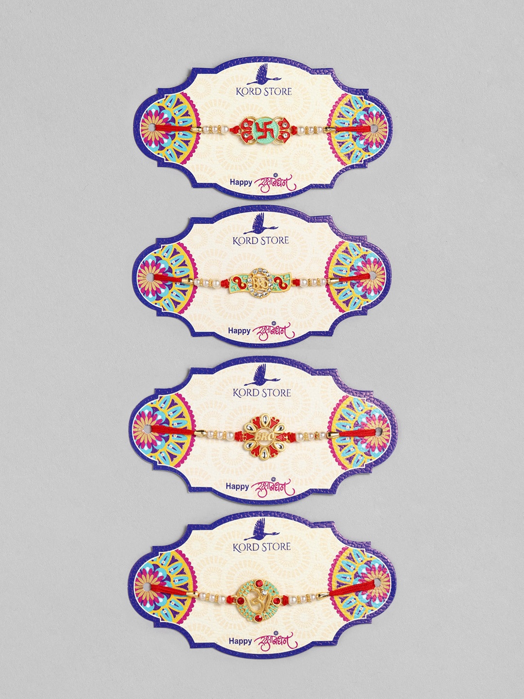 

Kord Store Set of 4 Red & Green Gold-Plated Bro, Om & Swastik Mark Meenakari Rakhi