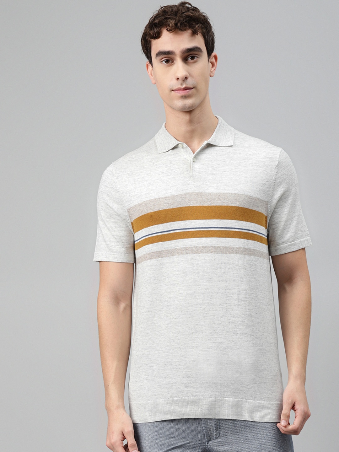 

Marks & Spencer Men Grey Melange & Mustard Yellow Striped Polo Collar T-shirt