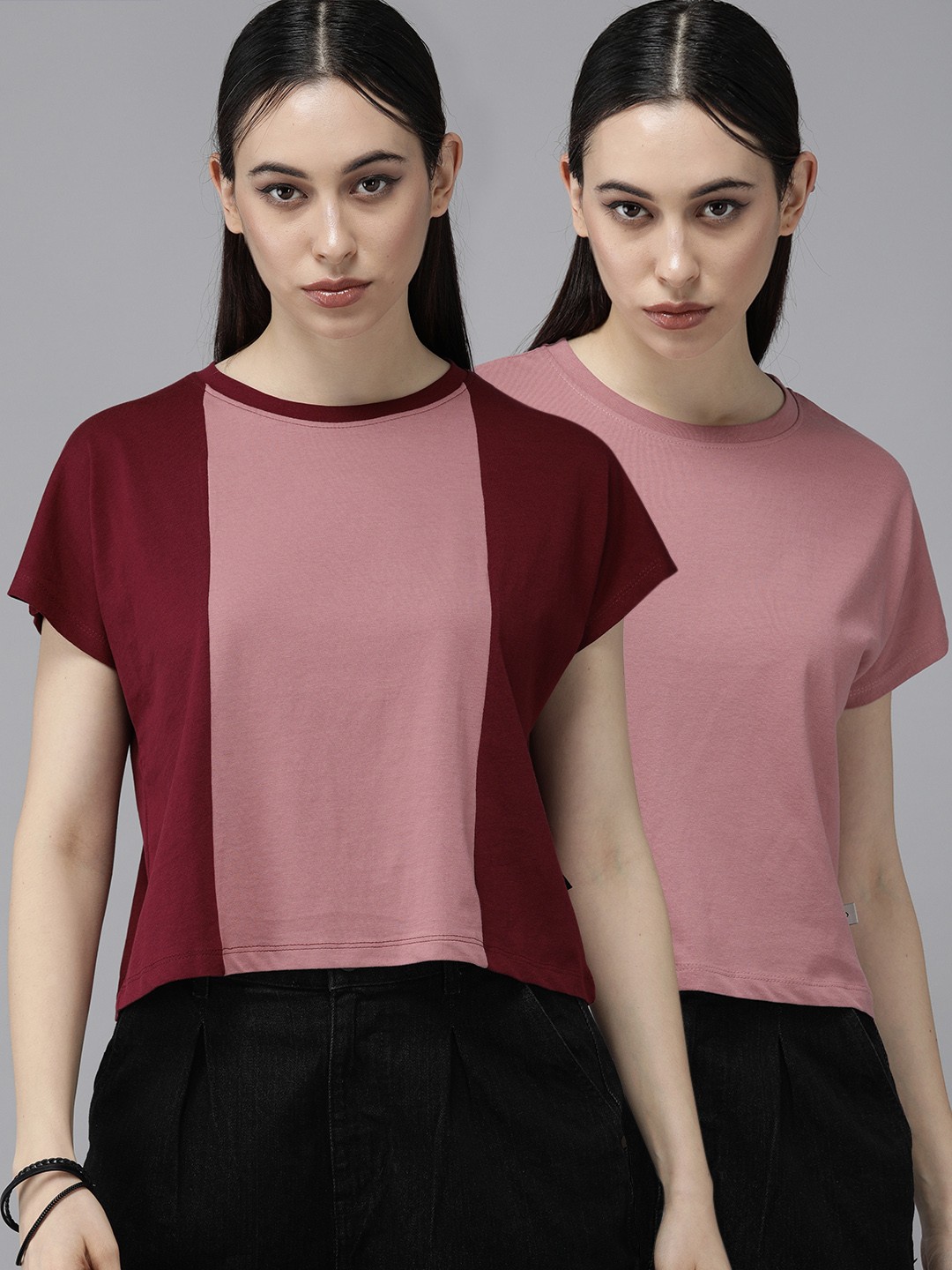 

Roadster Women Pink & Maroon 2 Colourblocked Extended Sleeves T-shirt