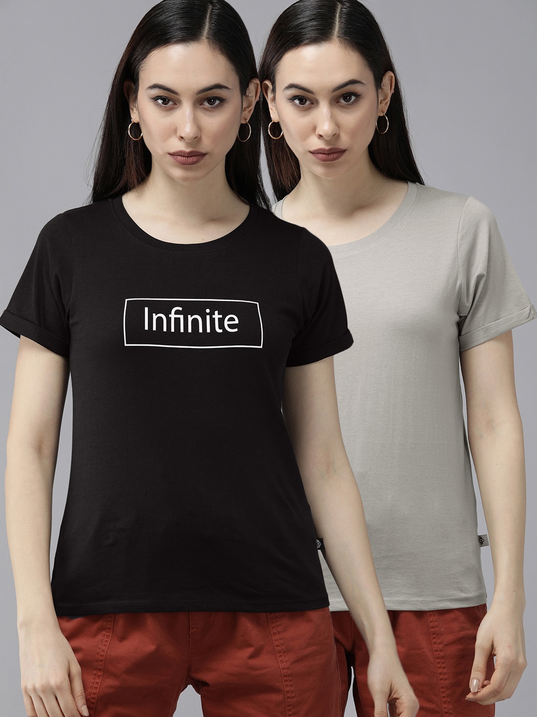 

Roadster Women Pack of 2 Black Grey Pure Cotton T-shirts