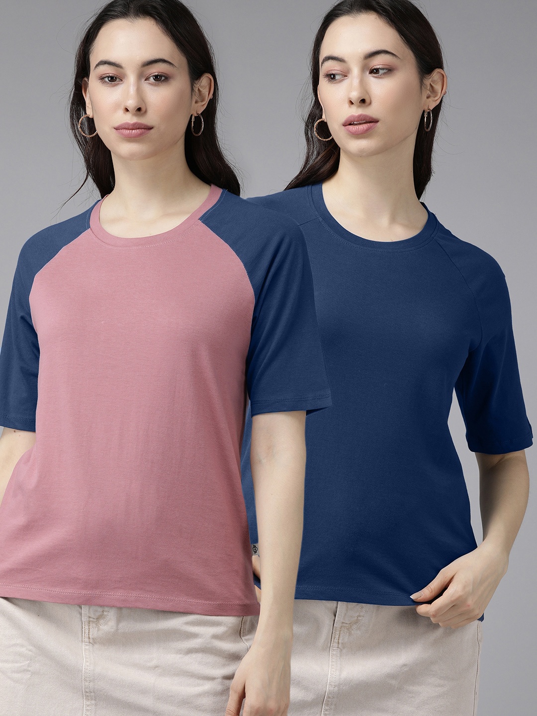 

Roadster Women Pack of 2 Pink Blue Solid Pure Cotton T-shirt