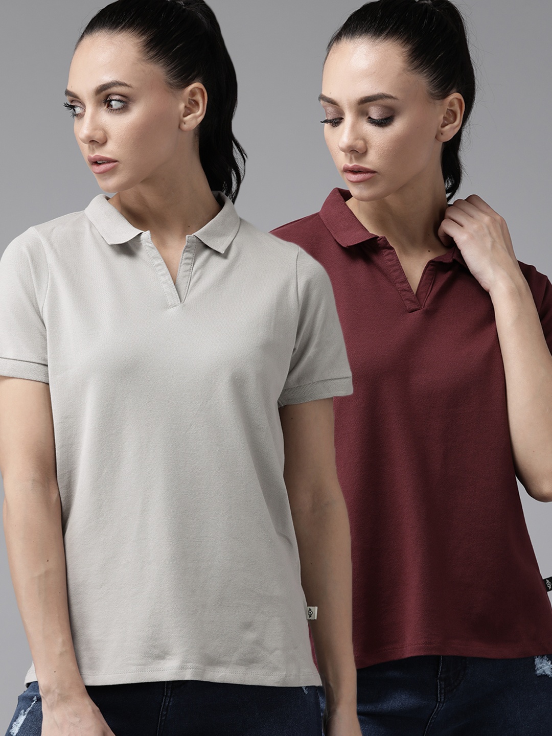 

Roadster Pack of 2 Solid Born to Roam Regular Tops, Grey melange