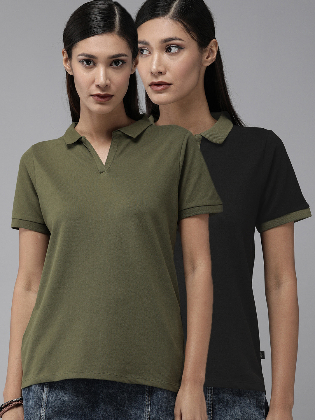 

Roadster Women Pack Of 2 Polo Collar T-shirts, Olive