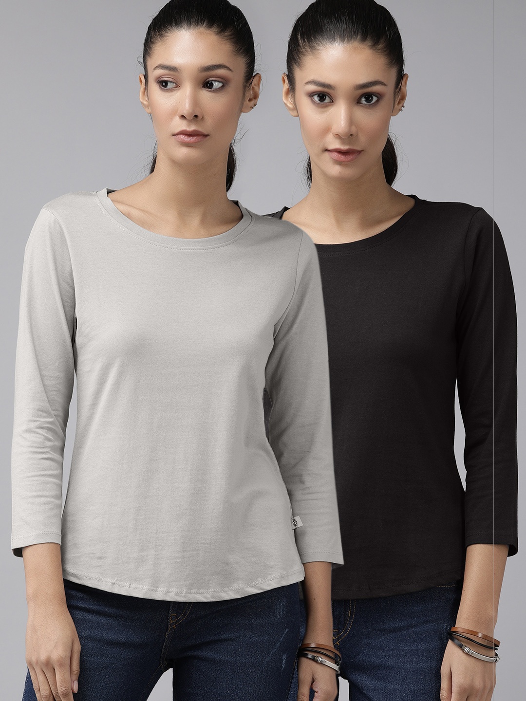 

Roadster Women Pack Of 2 Black Grey Solid Round Neck Pure Cotton T-shirt