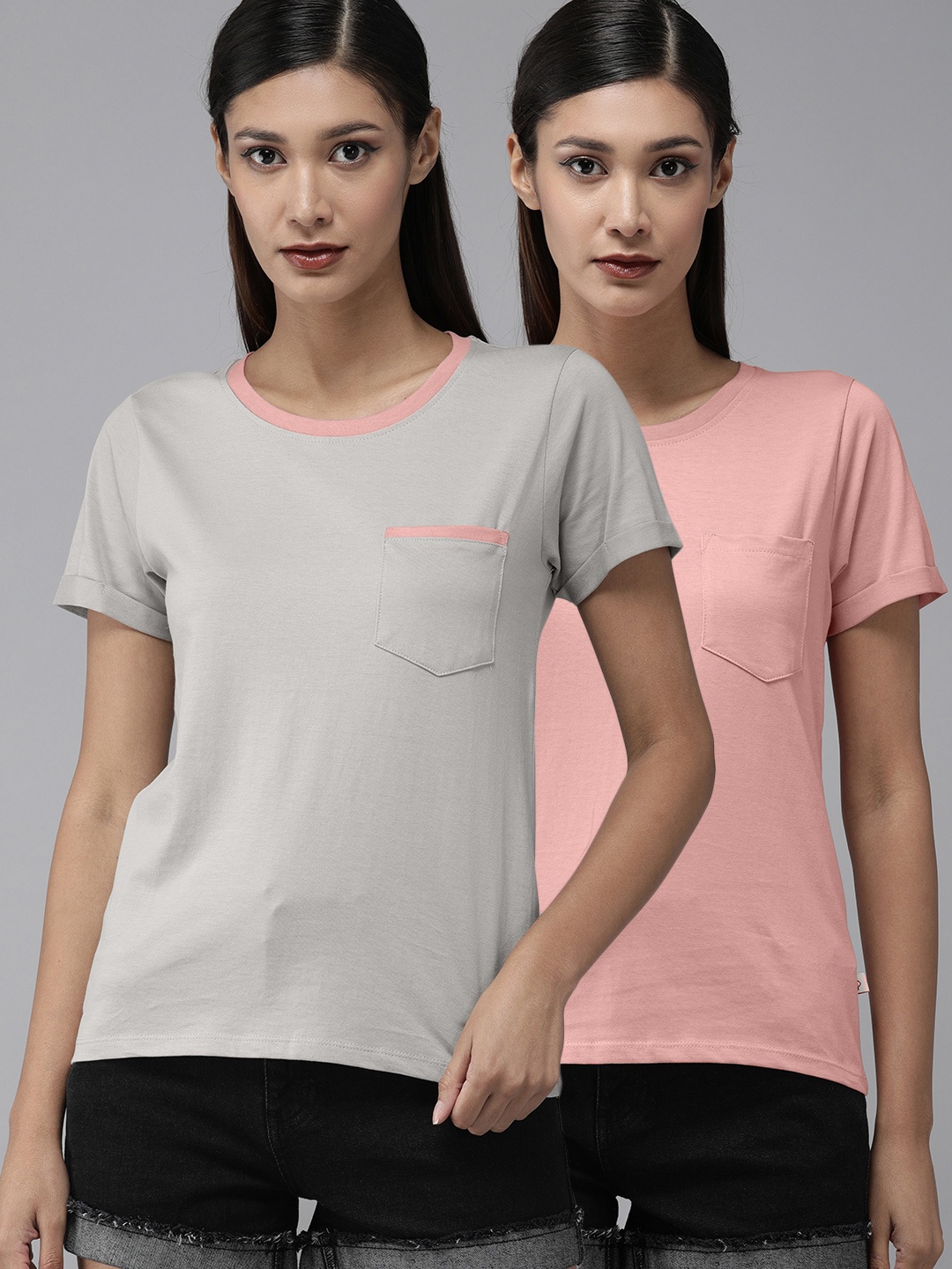 

Roadster Women Pack of 2 Grey Peach-Coloured Pure Cotton T-shirts