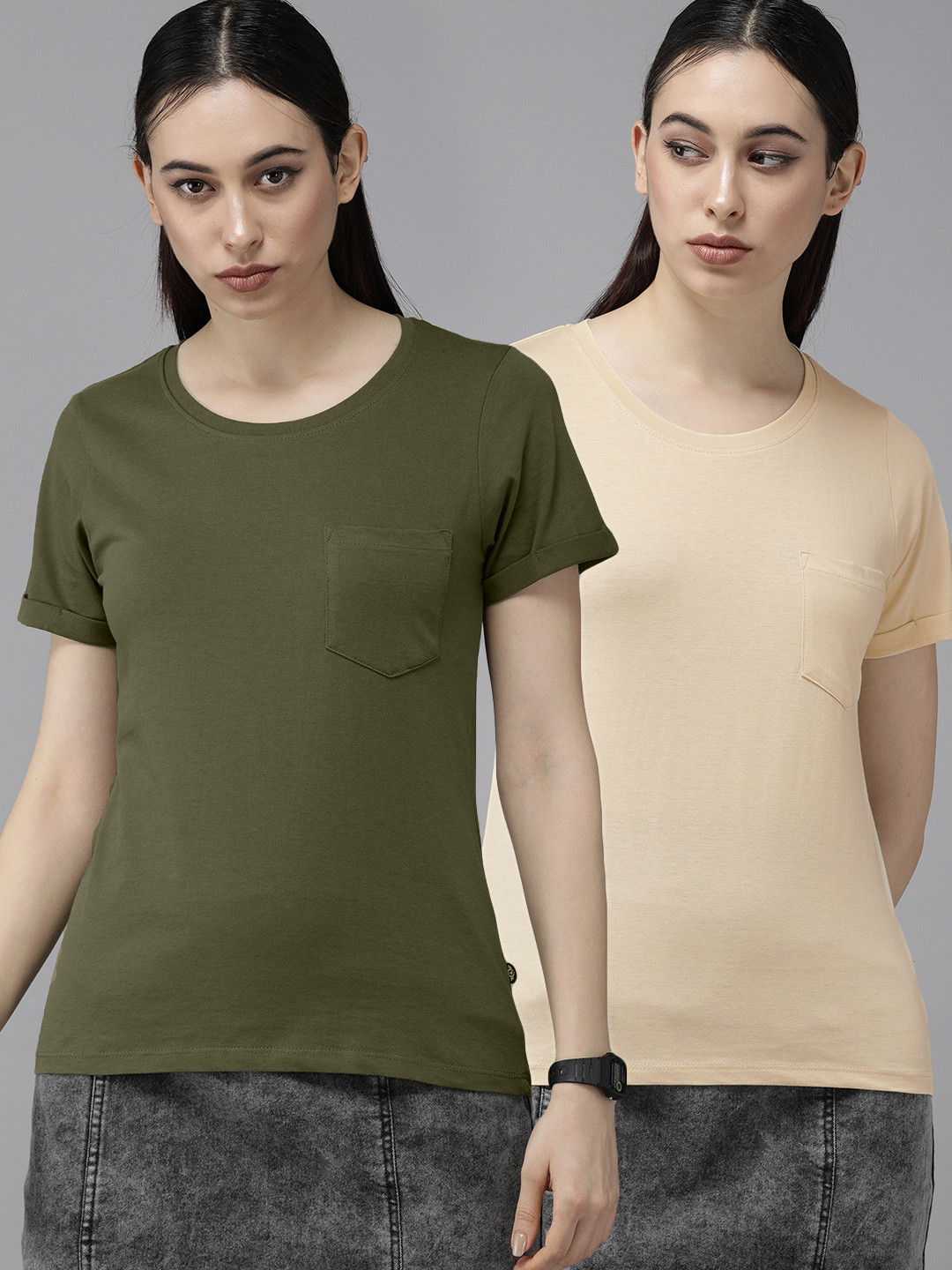 

Roadster Women Pack Of 2 Pure Cotton T-shirts, Olive