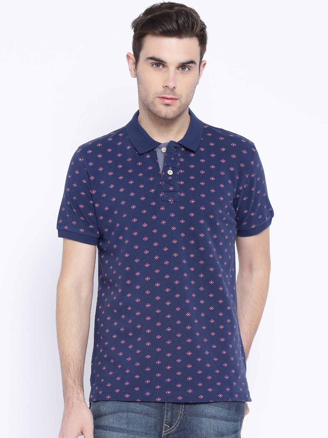

Flying Machine Navy Printed Polo Pure Cotton T-shirt, Navy blue