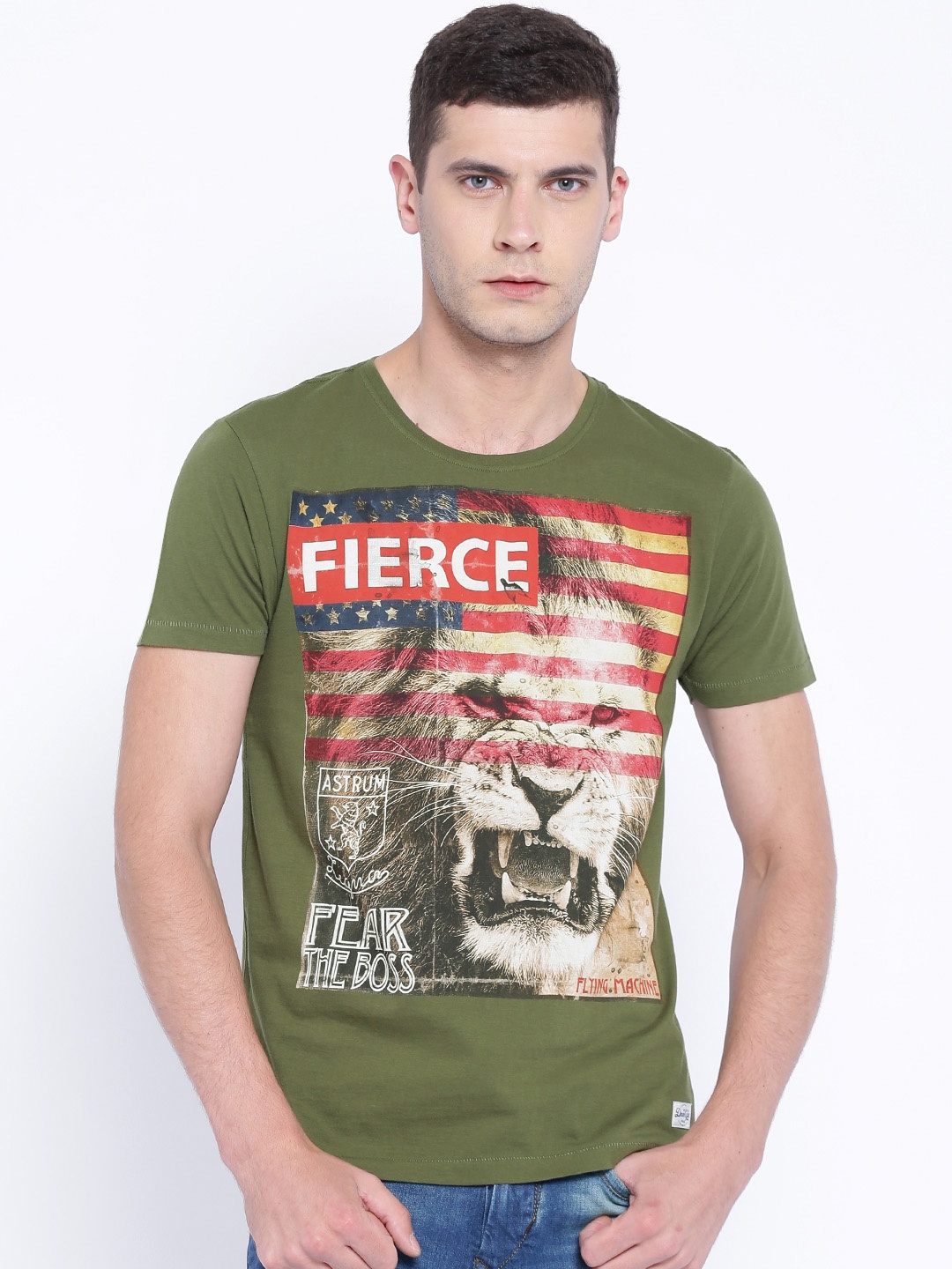 

Flying Machine Olive Green Printed Pure Cotton T-shirt
