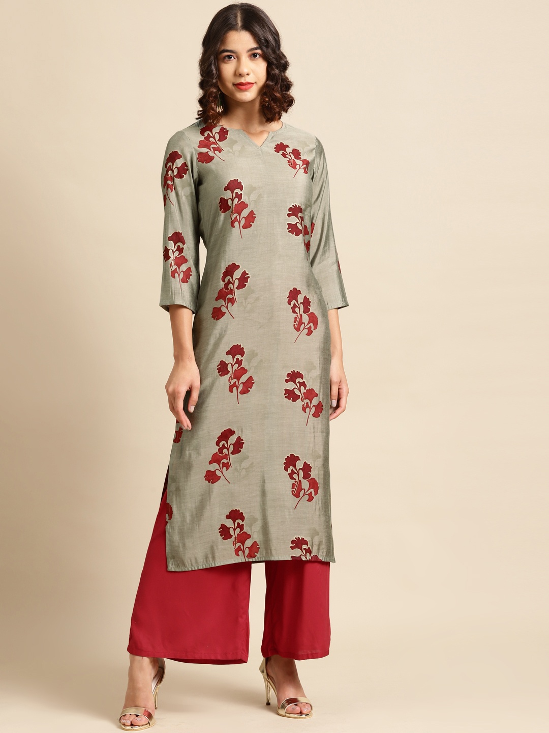 

Saadgi Women Grey & Maroon Floral Printed Kurta