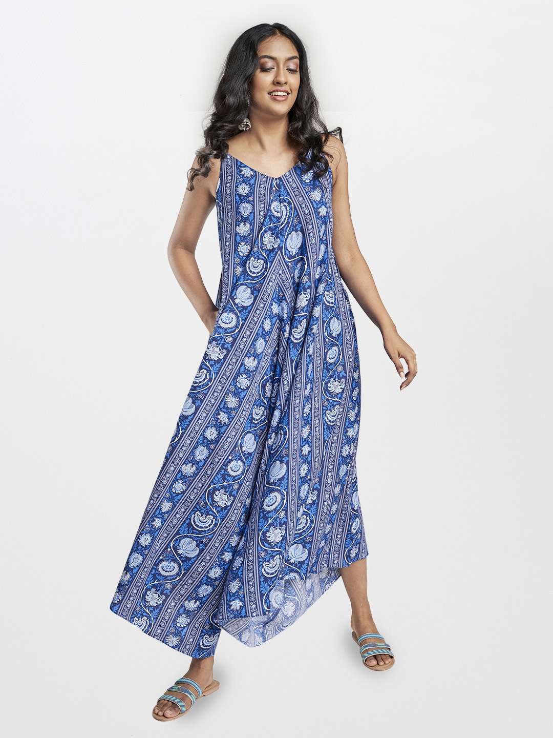 

Global Desi Blue Printed Basic Jumpsuit