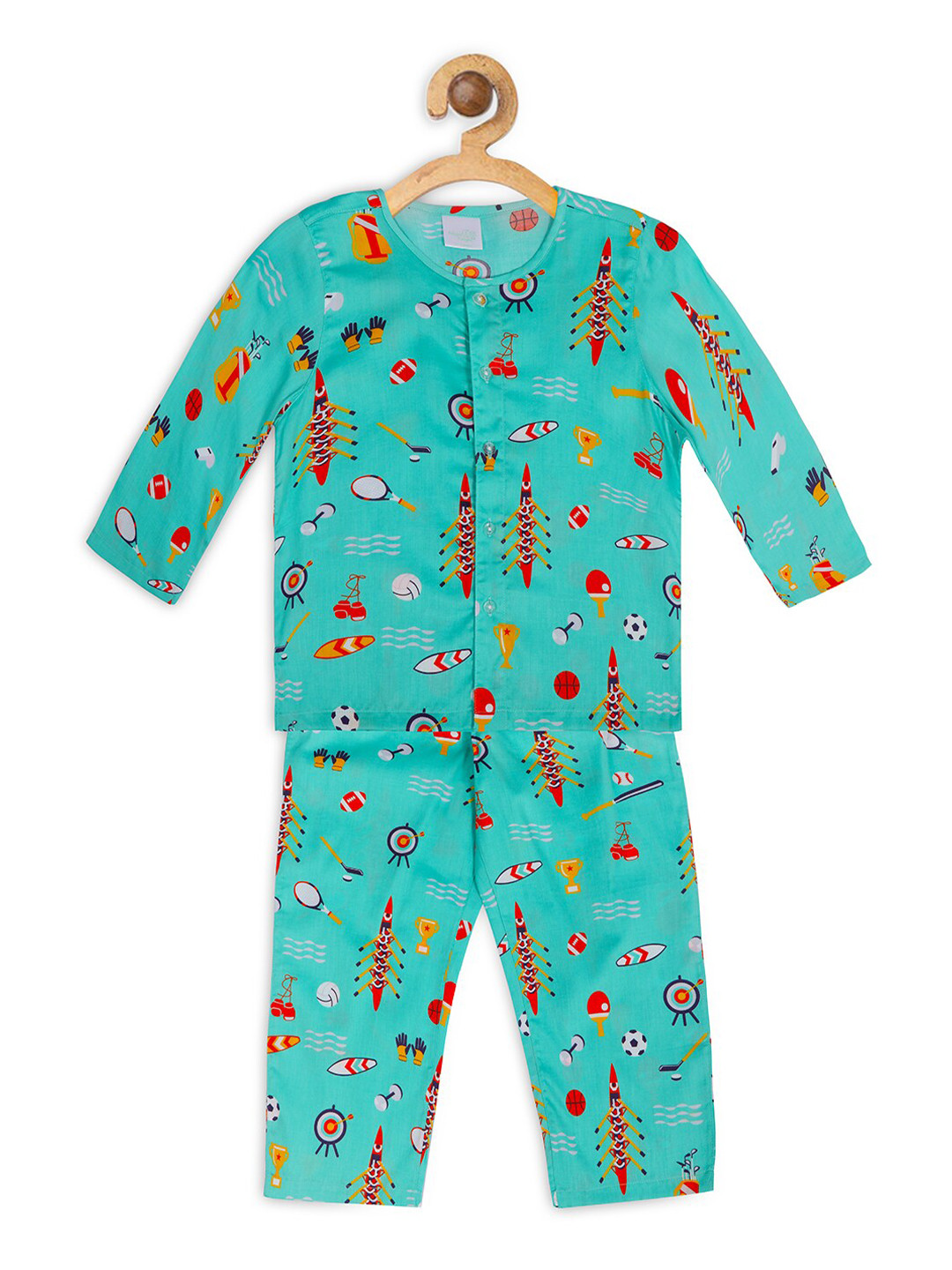

Nigh Nigh Boys Turquoise Blue & Red Printed Sustainable Night Suit