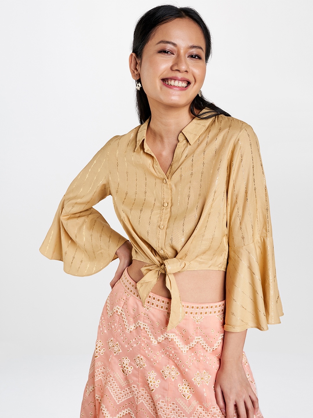 

Global Desi Beige & Gold-Toned Shirt Style Crop Top With Tie-Up Detail