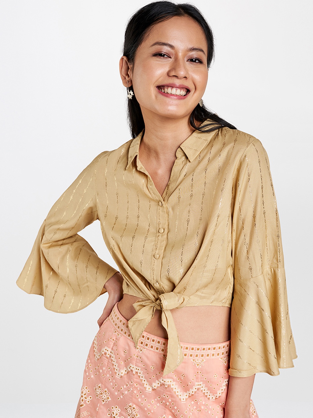 

Global Desi Beige & Gold-Toned Waist Tie-Up Bell Sleeves Shirt Style Crop Top
