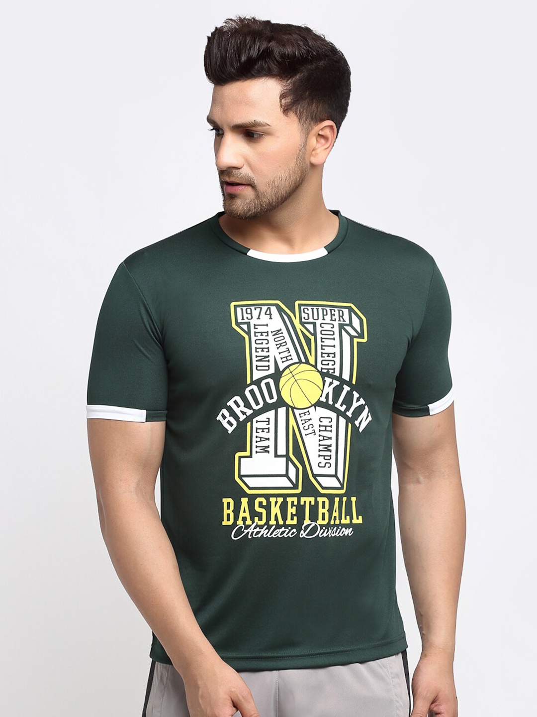 

PERFKT-U Men Green & White Printed Round Neck Basketball T-shirt