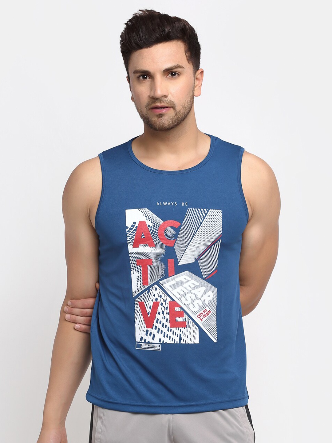 

PERFKT-U Men Blue & White Printed Round Neck Training T-shirt