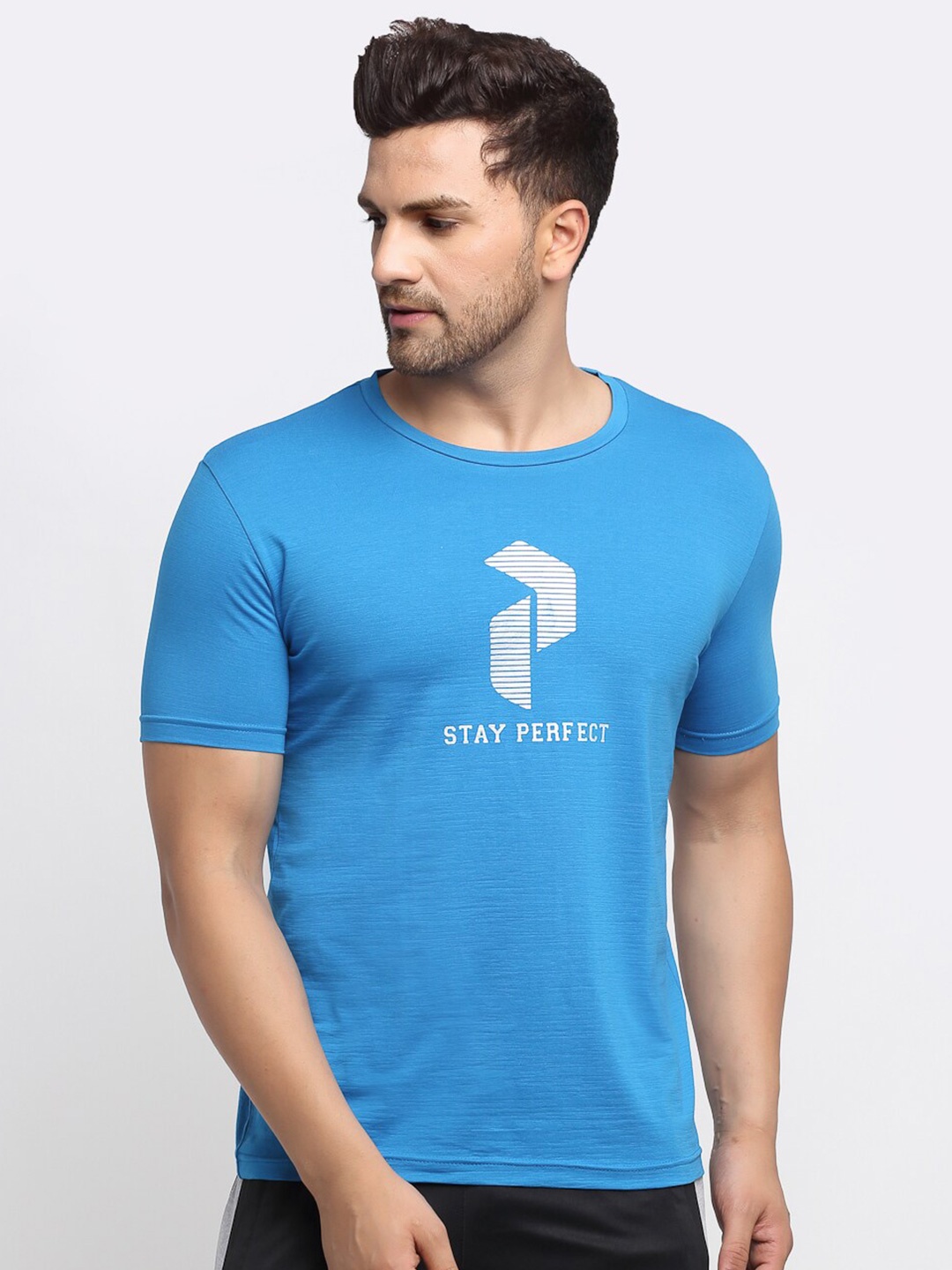 

PERFKT-U Men Blue Printed Round Neck Training T-shirt