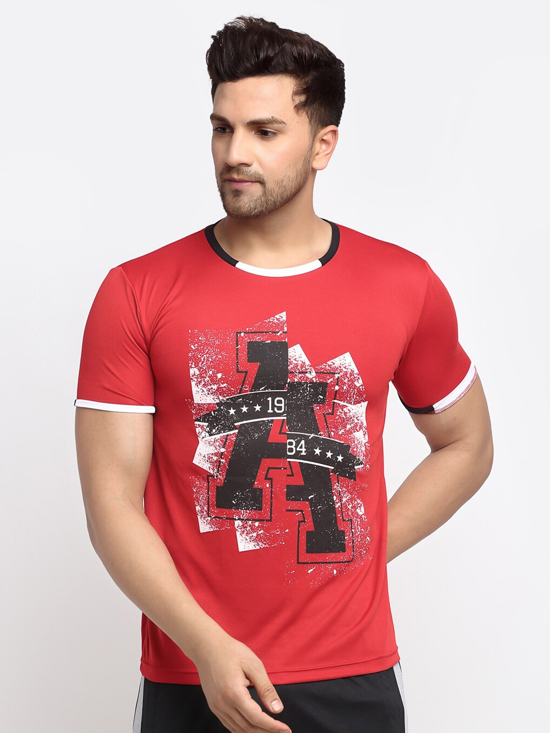 

PERFKT-U Men Red & Black Printed Round Neck Training T-shirt