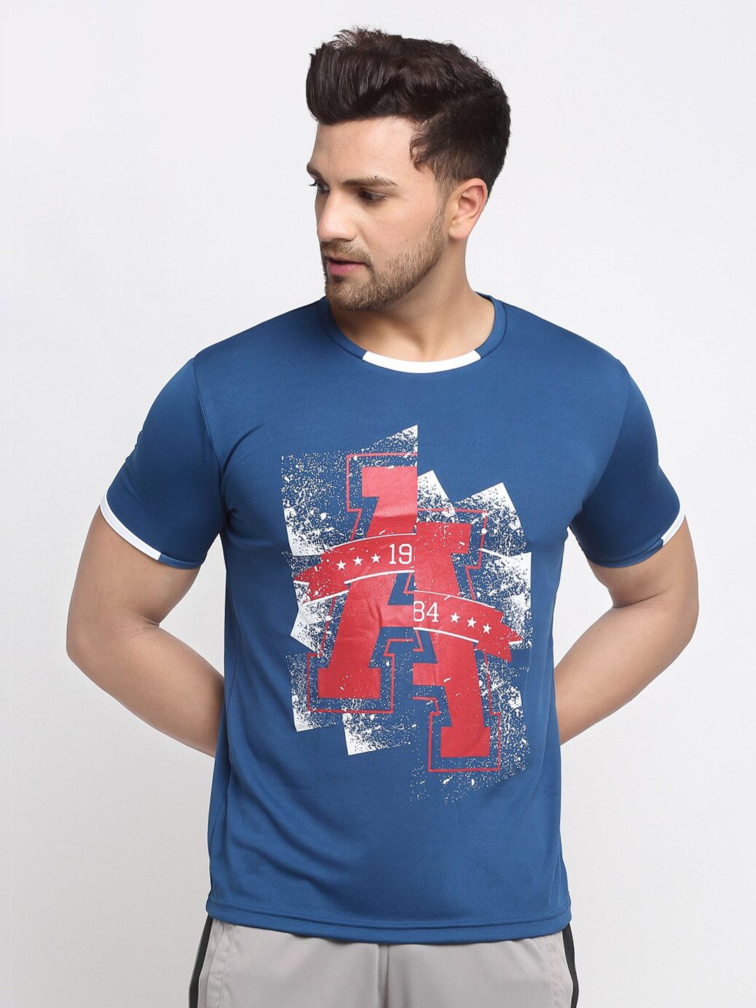 

PERFKT-U Men Blue & Red Printed Round Neck Training T-shirt