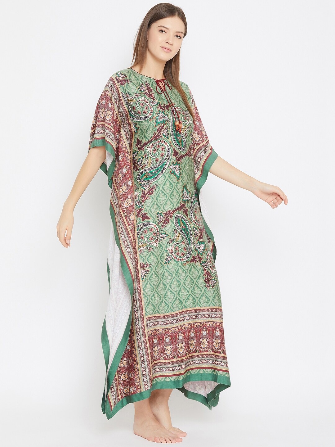 

The Kaftan Company Green & White Printed Kaftan Satin Nightdress