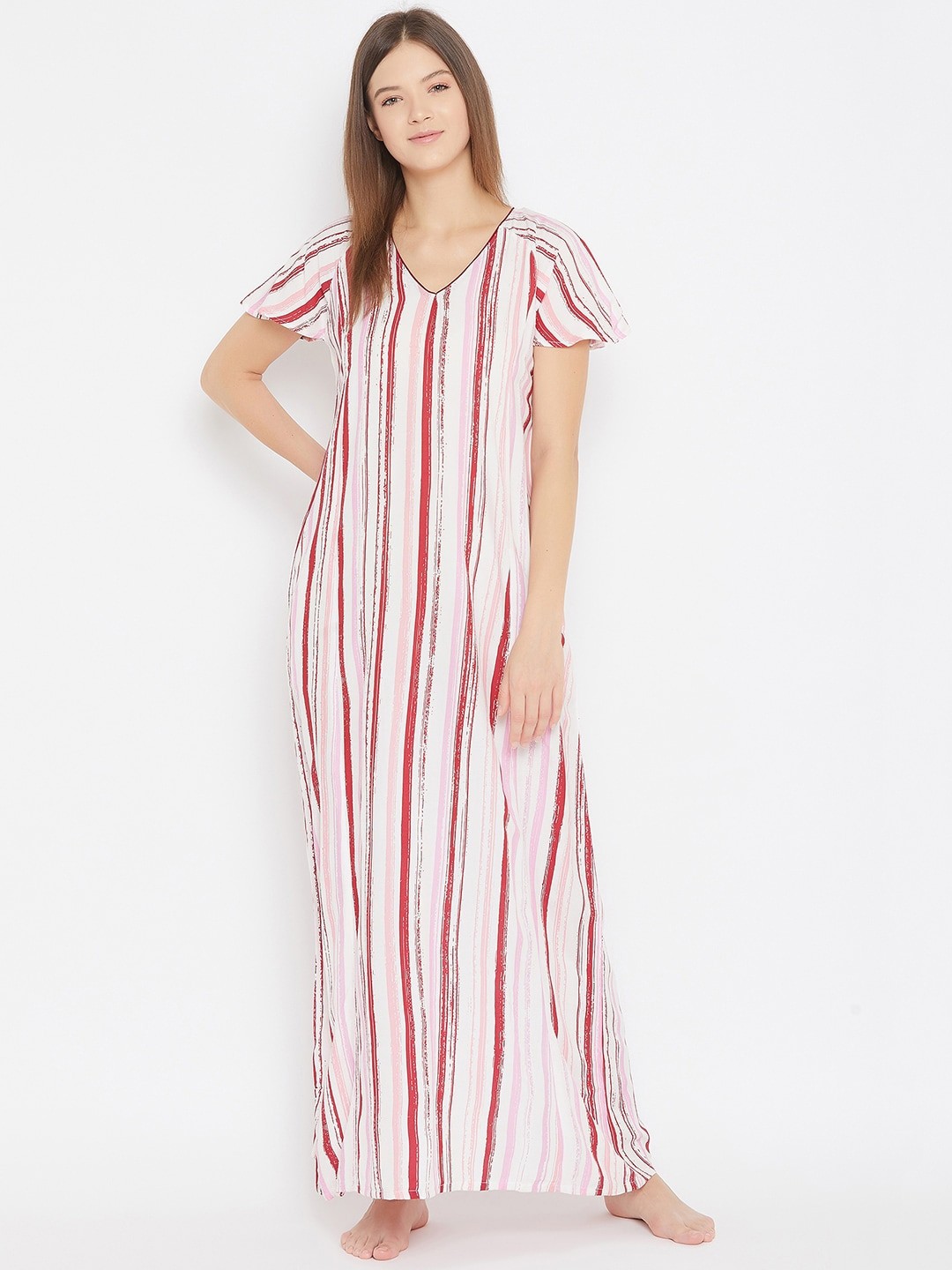 

The Kaftan Company White & Maroon Striped Nightdress