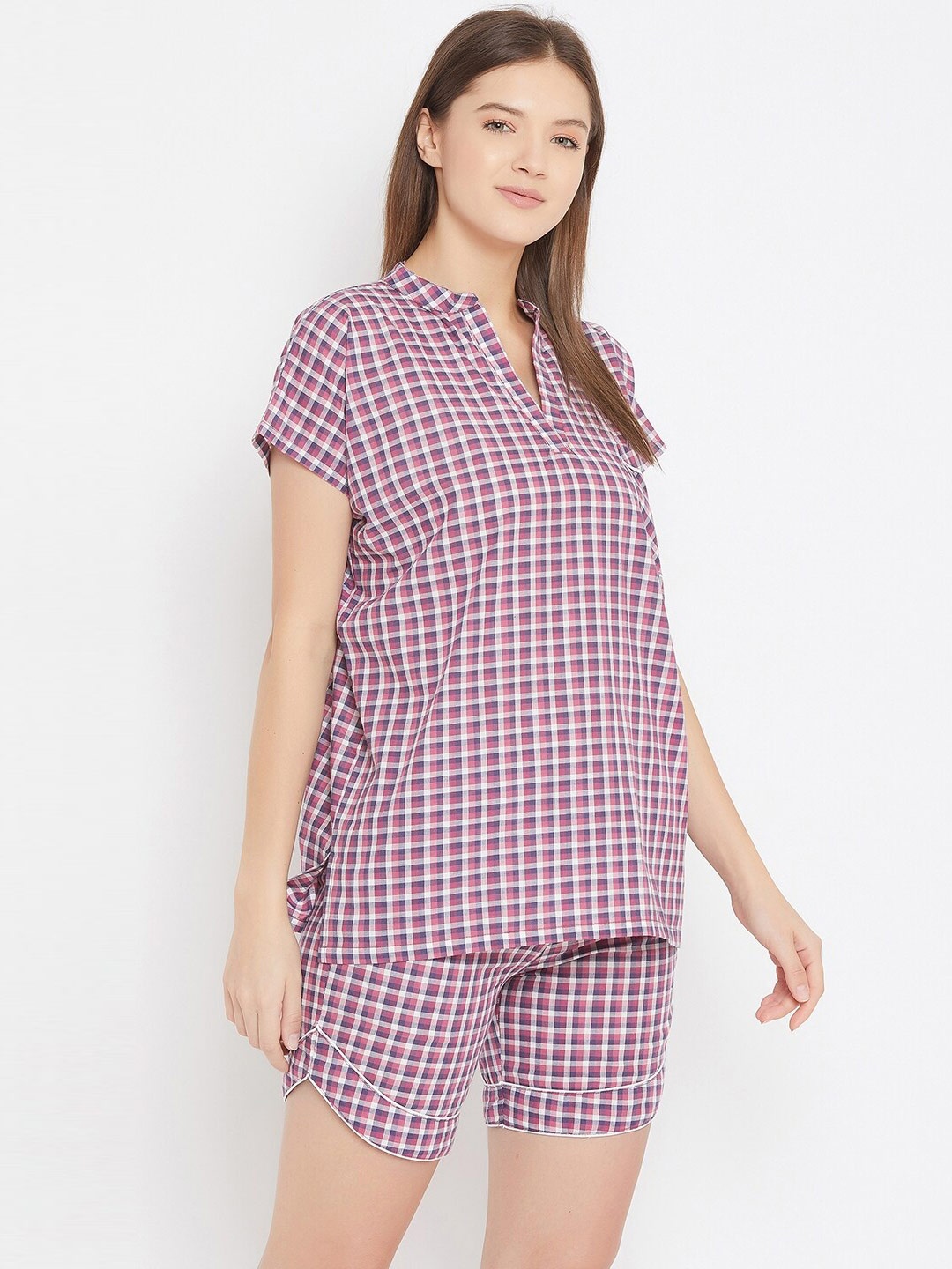 

The Kaftan Company Women Pink & White Checked Night suit