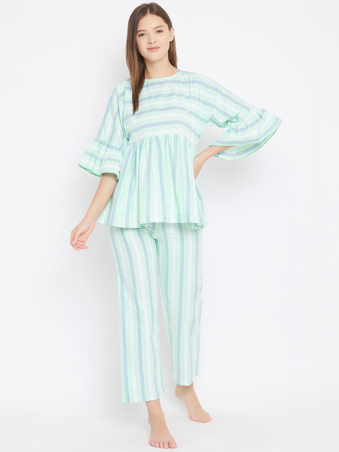 

The Kaftan Company Women Green & Blue Striped Night suit