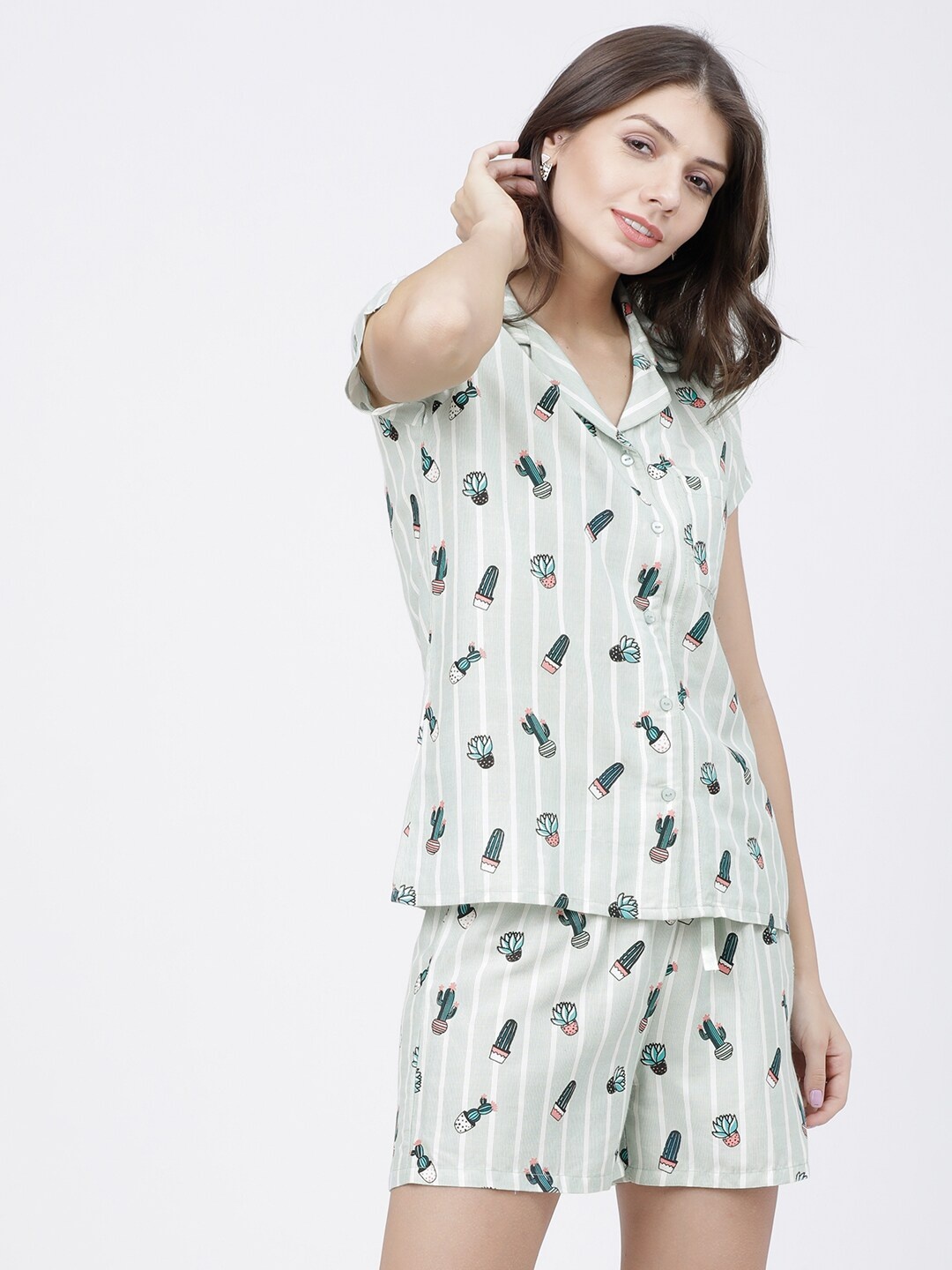 

Tokyo Talkies Women Green & White Printed Night suit
