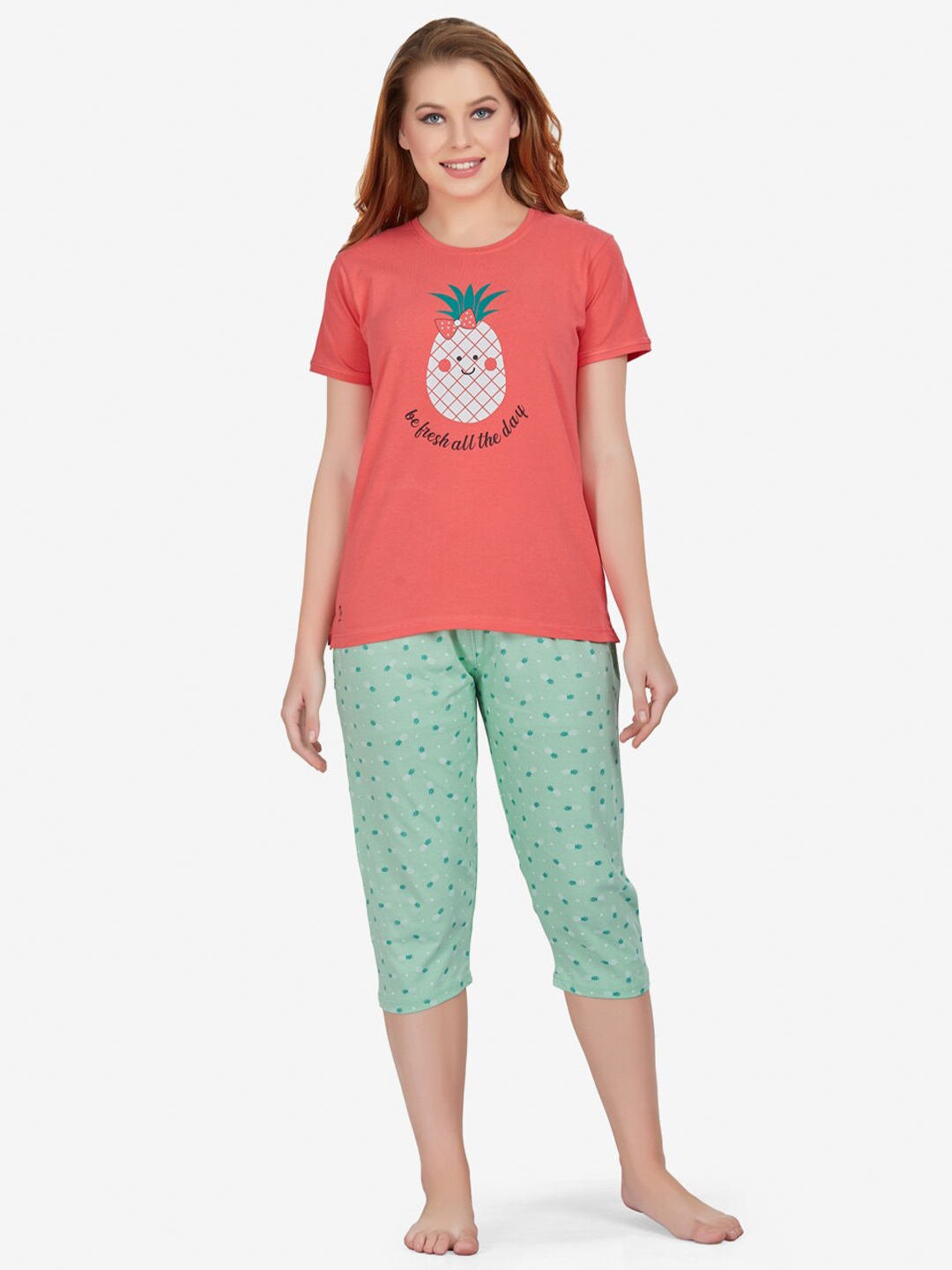

Lenissa Women Coral Pink & Sea Green Printed Night suit
