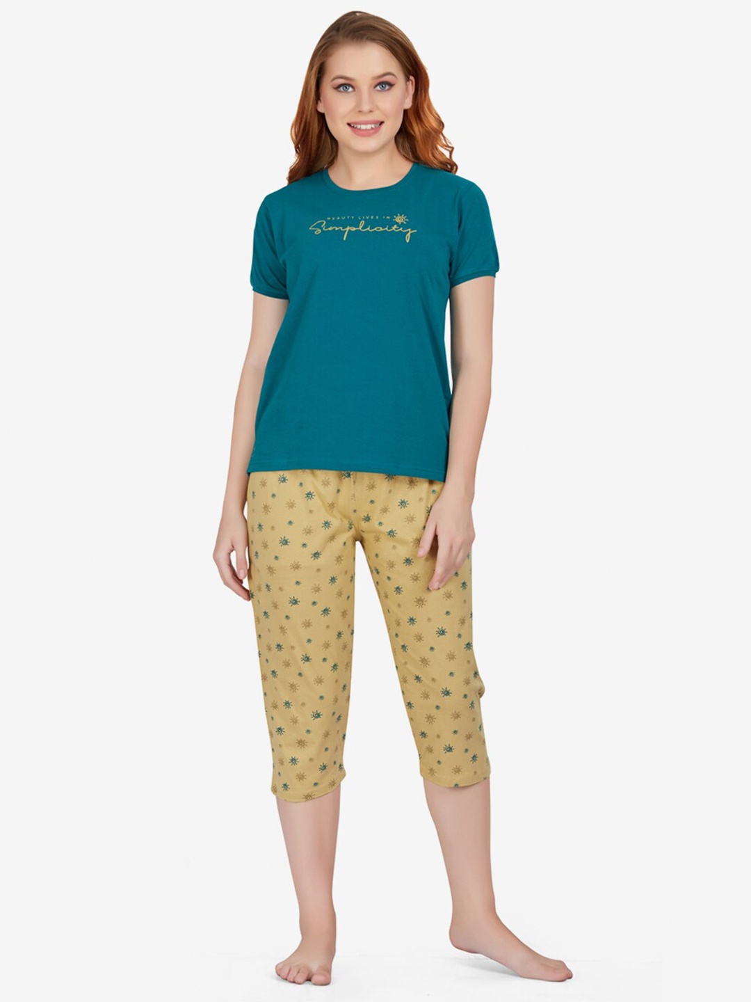 

Lenissa Women Teal & Beige Printed Night suit