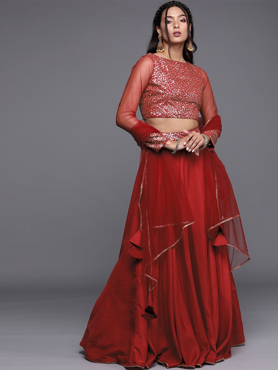 

Inddus Red Sequinned Semi-Stitched Lehenga & Unstitched Blouse With Dupatta