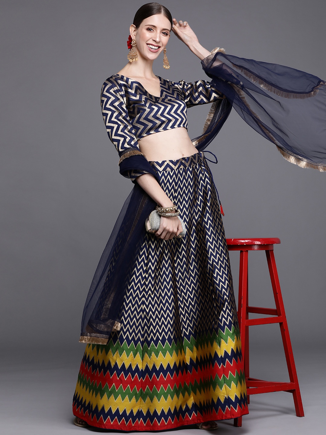 

Inddus Navy Blue & Gold-Toned Semi-Stitched Lehenga & Unstitched Blouse With Dupatta