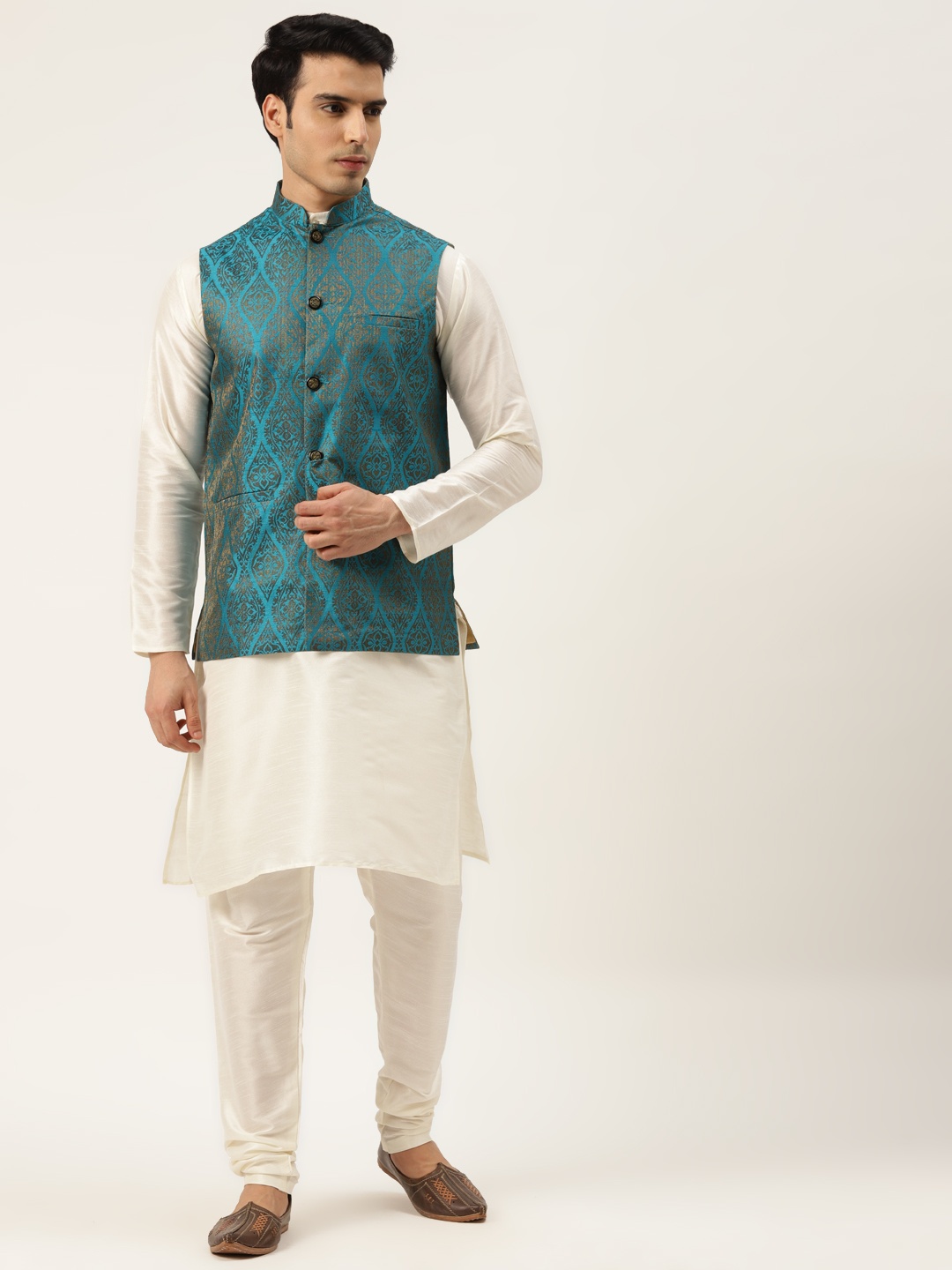 

SOJANYA Men Off White & Teal Green Kurta with Churidar And Nehru Jacket