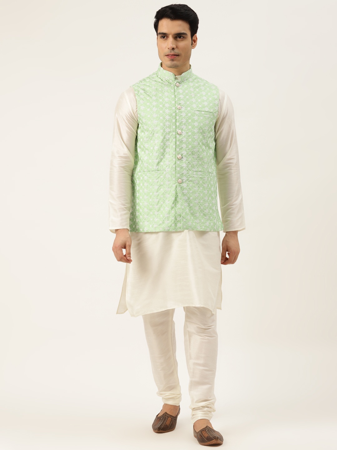 

SOJANYA Men Off White & Lime Green Thread Work Kurta with Churidar And Nehru Jacket