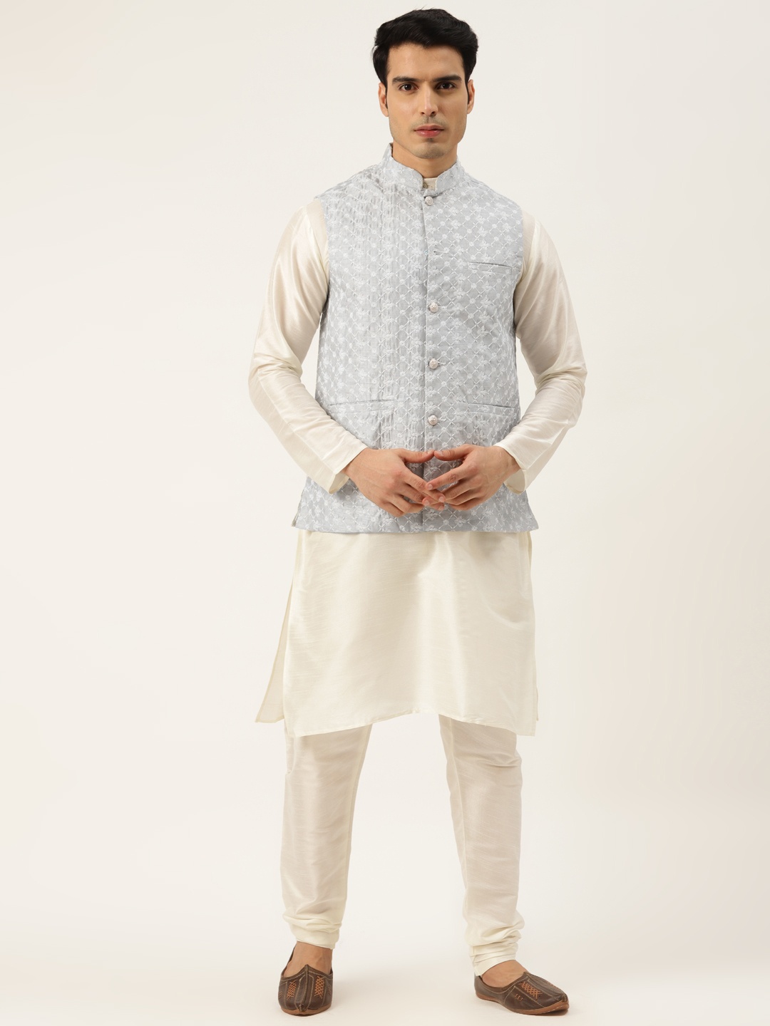 

SOJANYA Men Off White & Grey Kurta with Churidar And Nehru Jacket