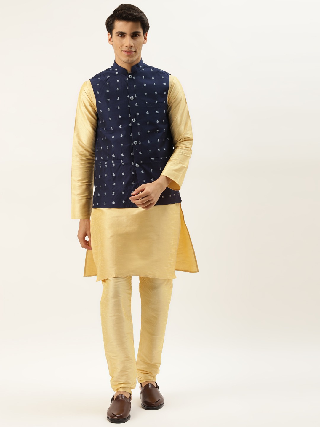

SOJANYA Men Golden & Navy Blue Kurta with Churidar, Gold