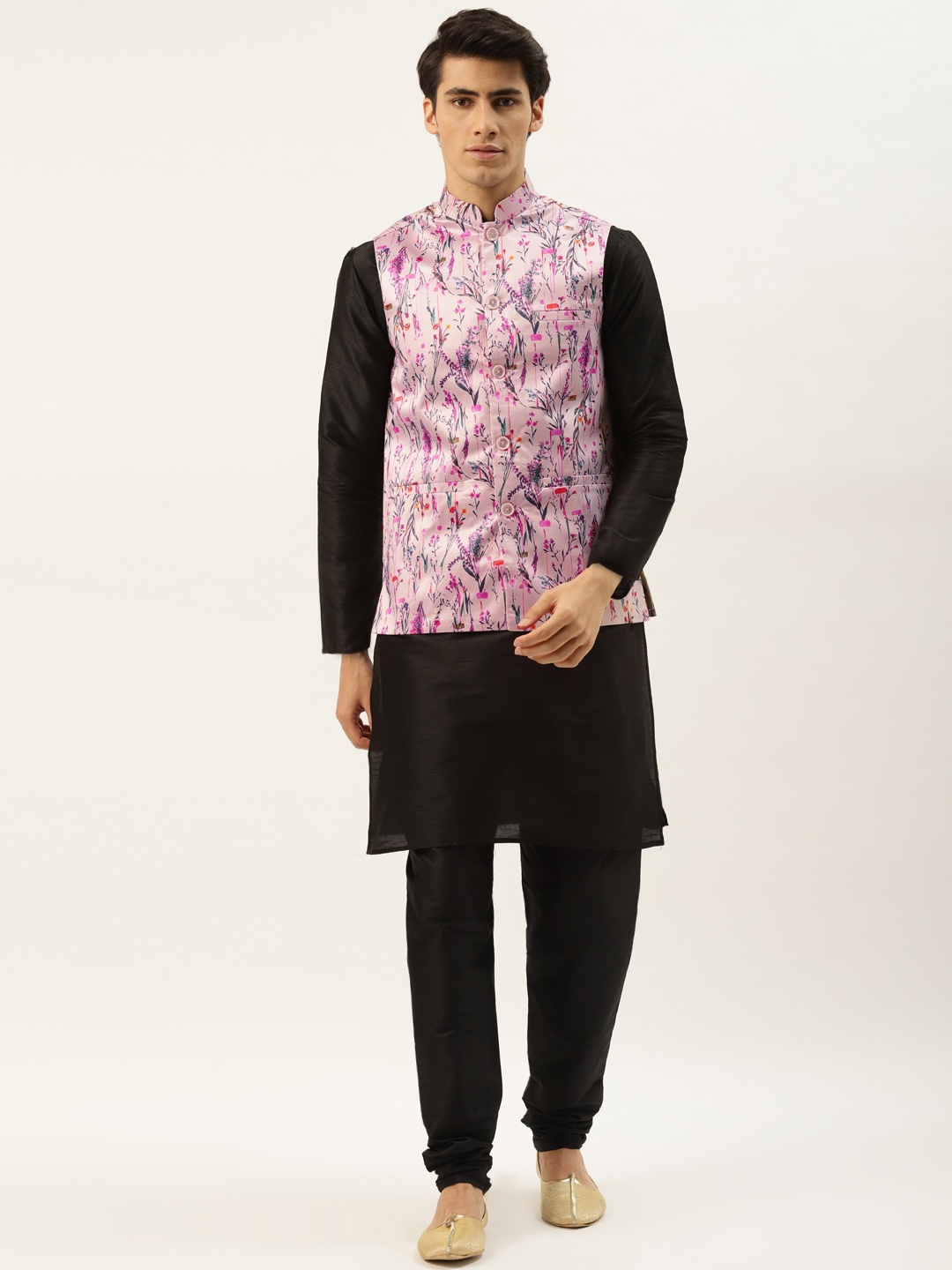 

SOJANYA Men Black Solid Kurta with Churidar & Nehru Jacket