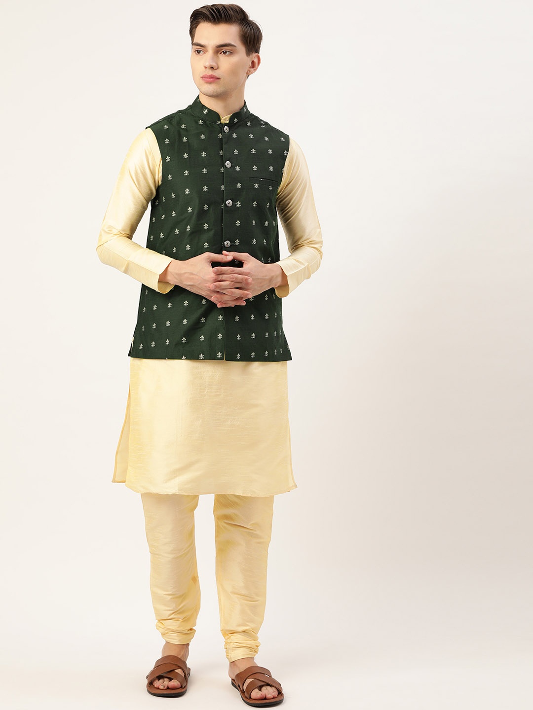 

SOJANYA Men Beige & Green Kurta with Churidar