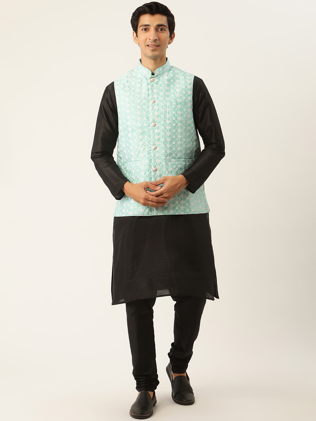 

SOJANYA Men Black & Sea Green Solid Kurta with Churidar & Nehru Jacket