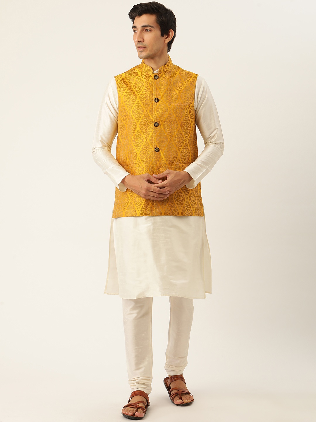 

SOJANYA Men Mustard Yellow & Off White Motifs Jacquard Kurta & Churidar with Nehru Jacket