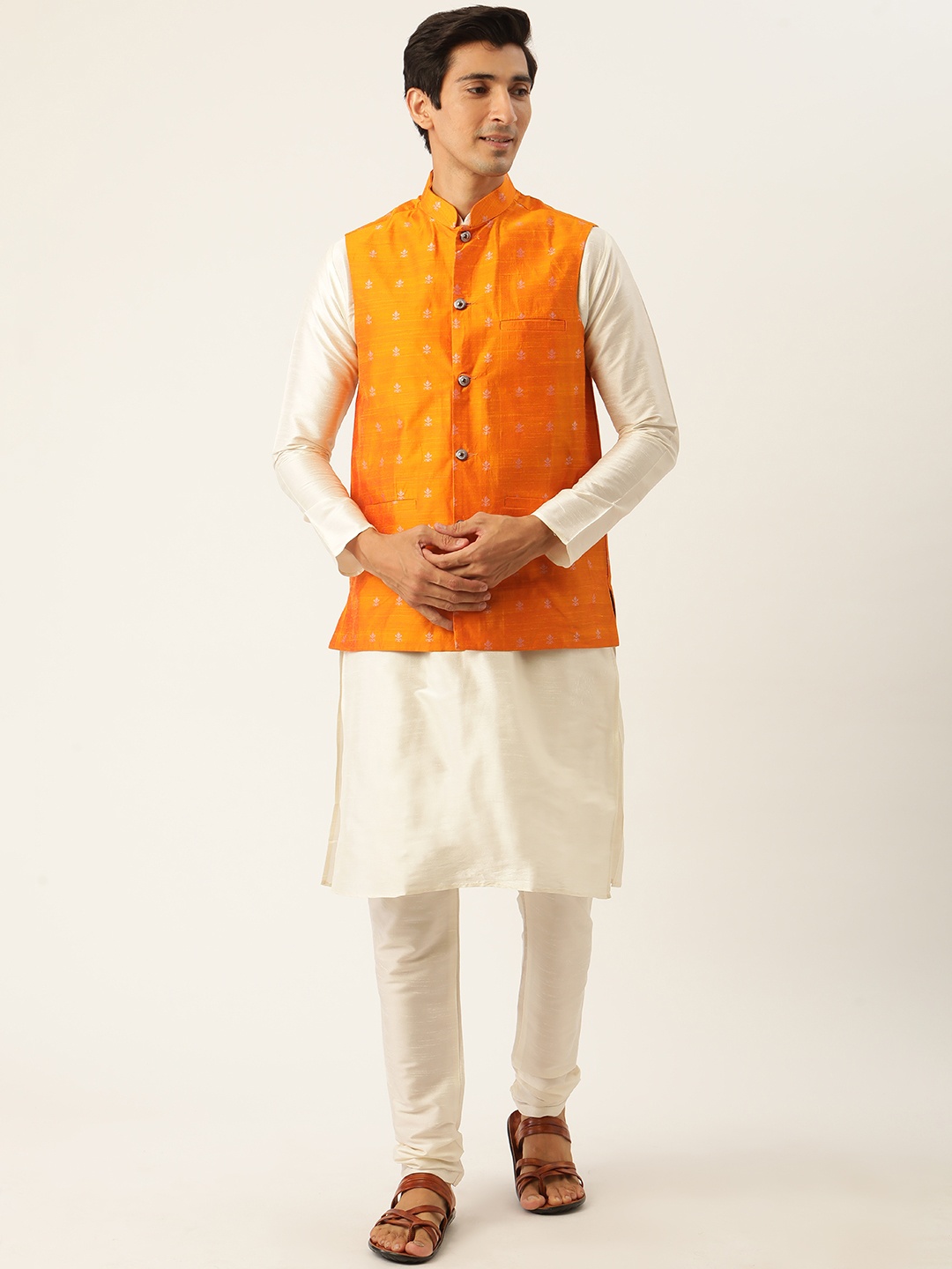 

SOJANYA Men Rust Orange & Off White Motifs Jacquard Kurta & Churidar with Nehru Jacket